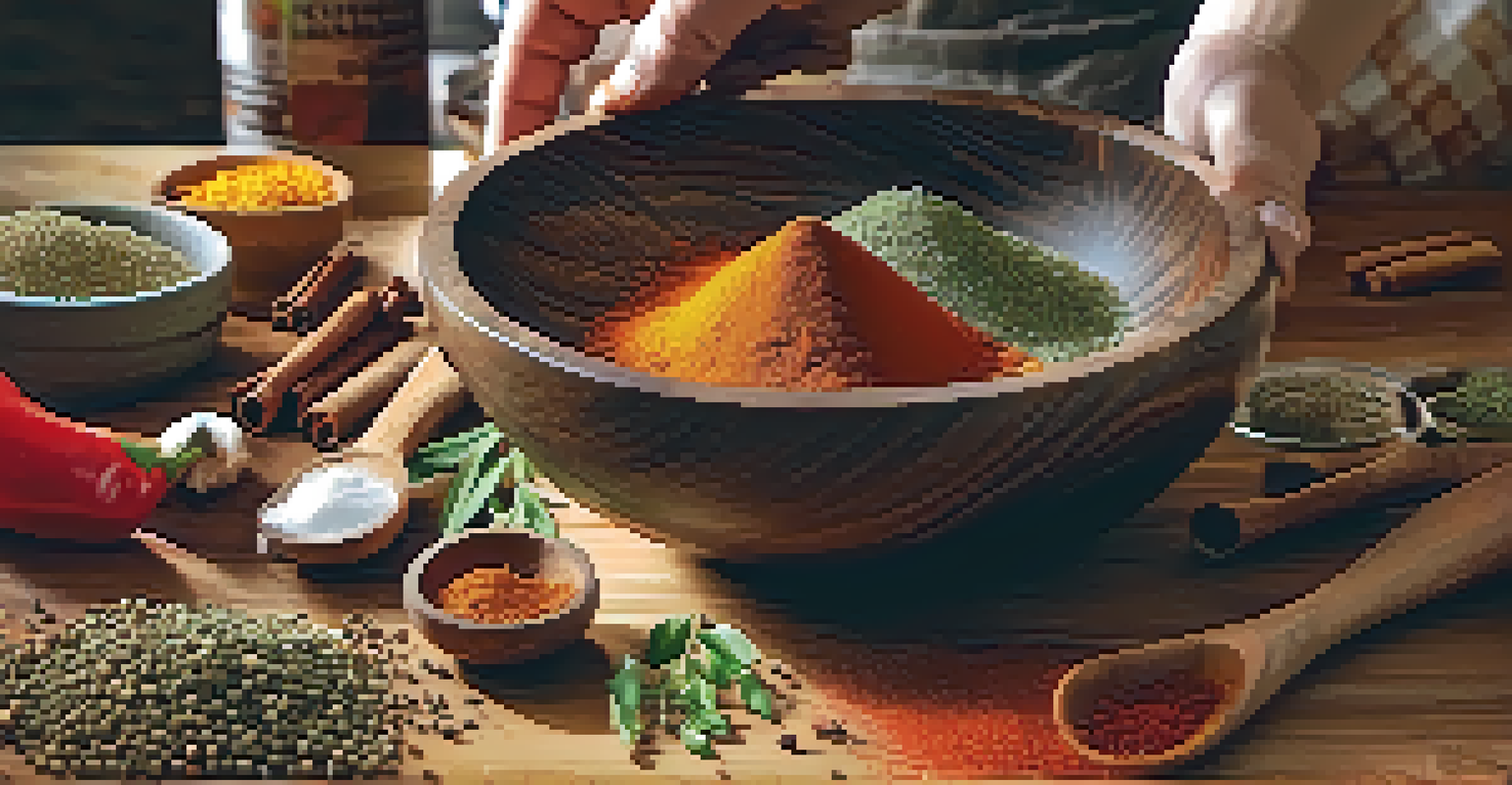 A close-up of a hand mixing various spices in a wooden bowl, with a rustic kitchen background and sunlight filtering in.
