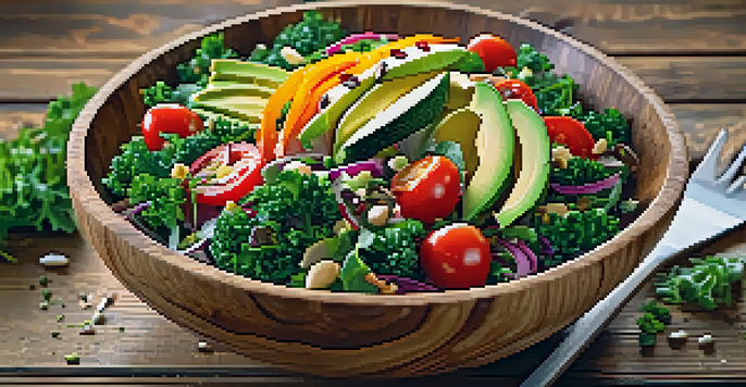 A large wooden bowl filled with a colorful vegan salad made of kale, cherry tomatoes, bell peppers, and carrots, topped with avocado and seeds.