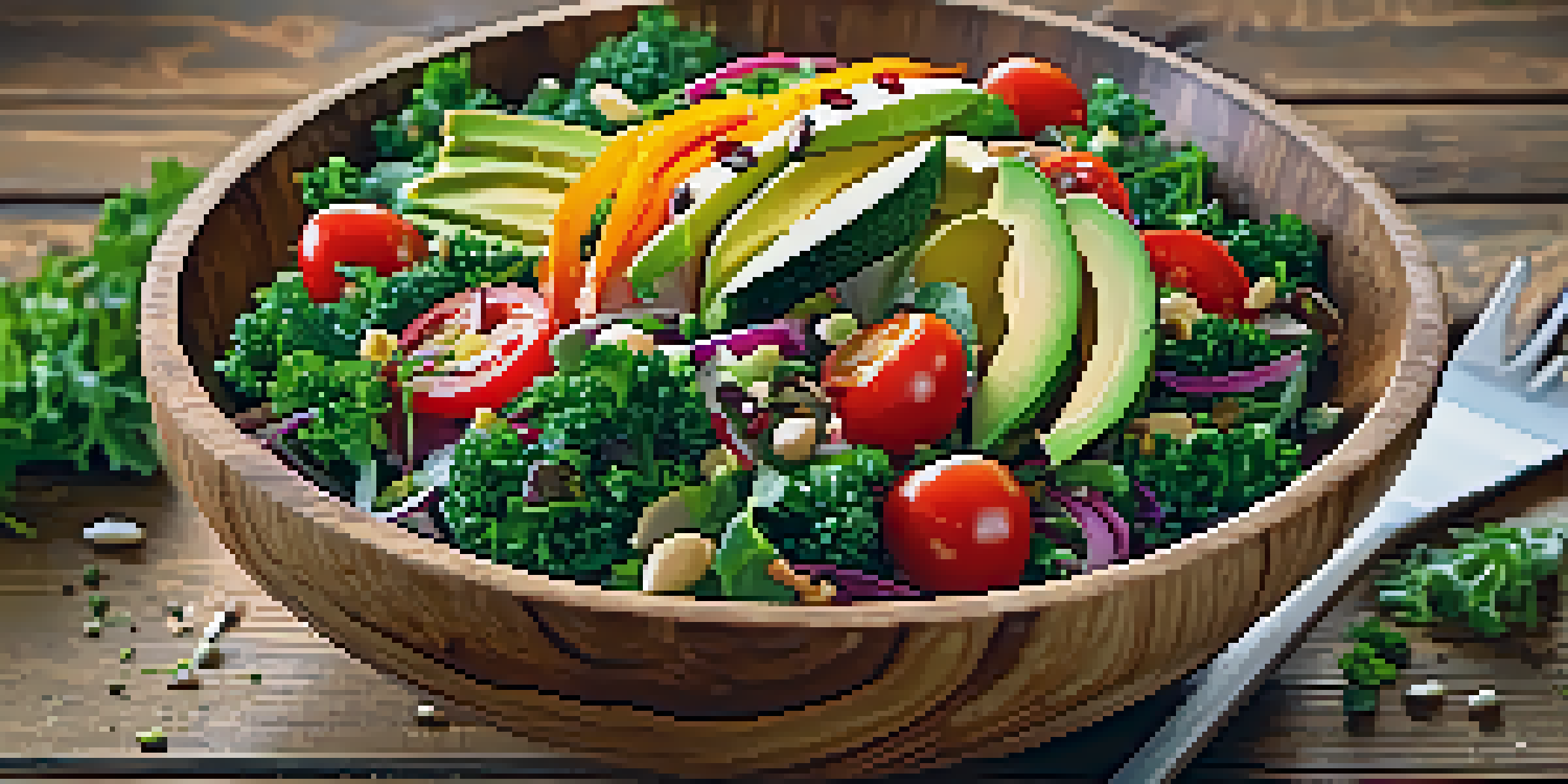 A large wooden bowl filled with a colorful vegan salad made of kale, cherry tomatoes, bell peppers, and carrots, topped with avocado and seeds.