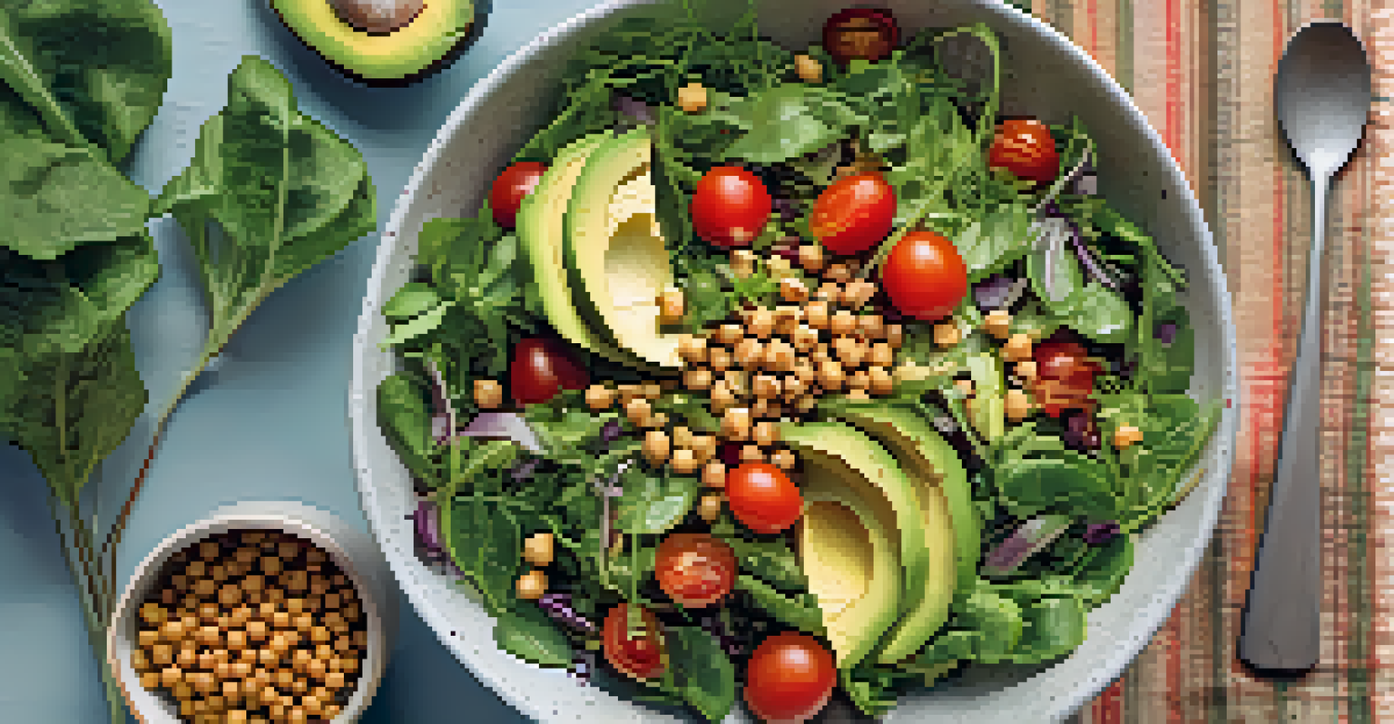 An overhead view of a colorful salad bowl with mixed greens, chickpeas, and avocado on a bright tablecloth.