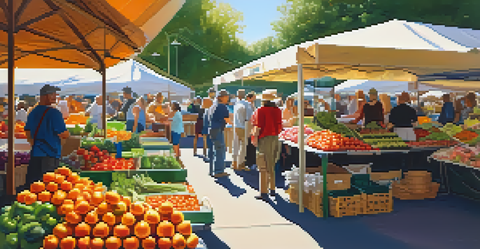 A lively farmer's market filled with fresh produce, colorful fruits and vegetables, and sunlight filtering through trees.