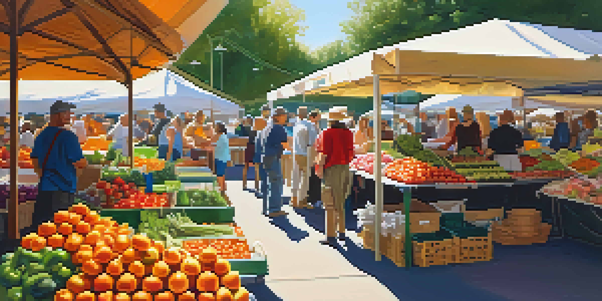 A lively farmer's market filled with fresh produce, colorful fruits and vegetables, and sunlight filtering through trees.