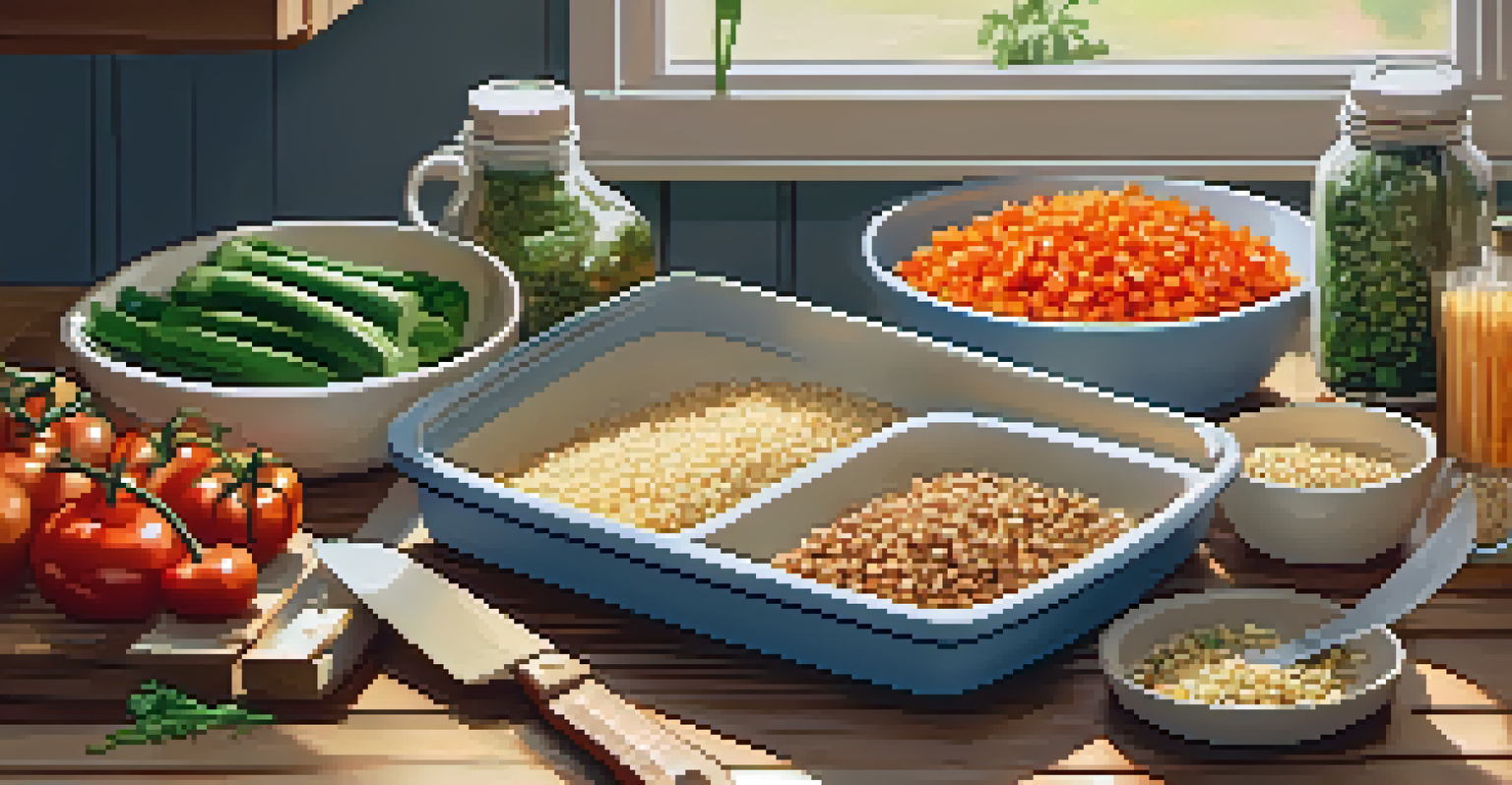 A cozy meal prep scene with prepped ingredients in clear containers, a recipe book, and a cutting board on a wooden kitchen table.