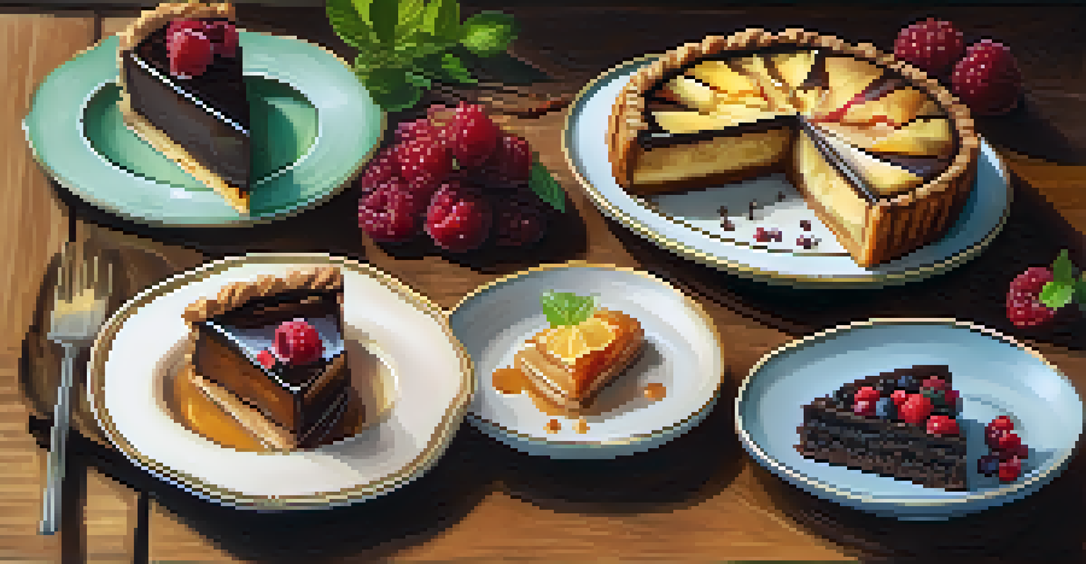 A selection of vegan desserts including chocolate cake, Tarte Tatin, and baklava on a wooden table, decorated with berries and mint.