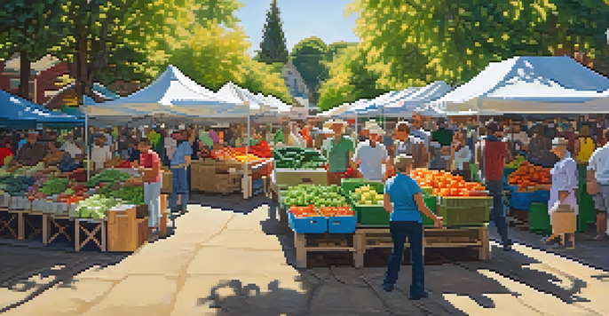 A bustling farmer's market with diverse people shopping for fresh organic produce under warm sunlight.