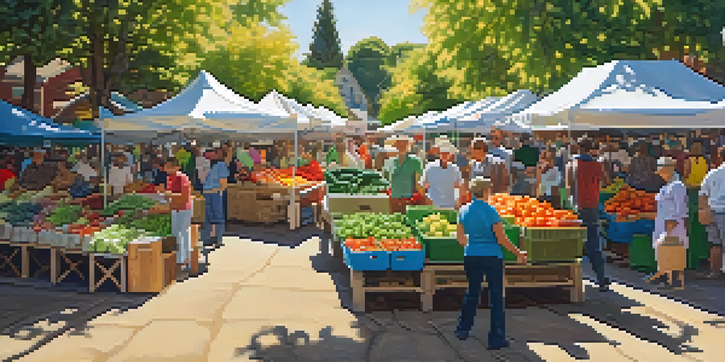A bustling farmer's market with diverse people shopping for fresh organic produce under warm sunlight.
