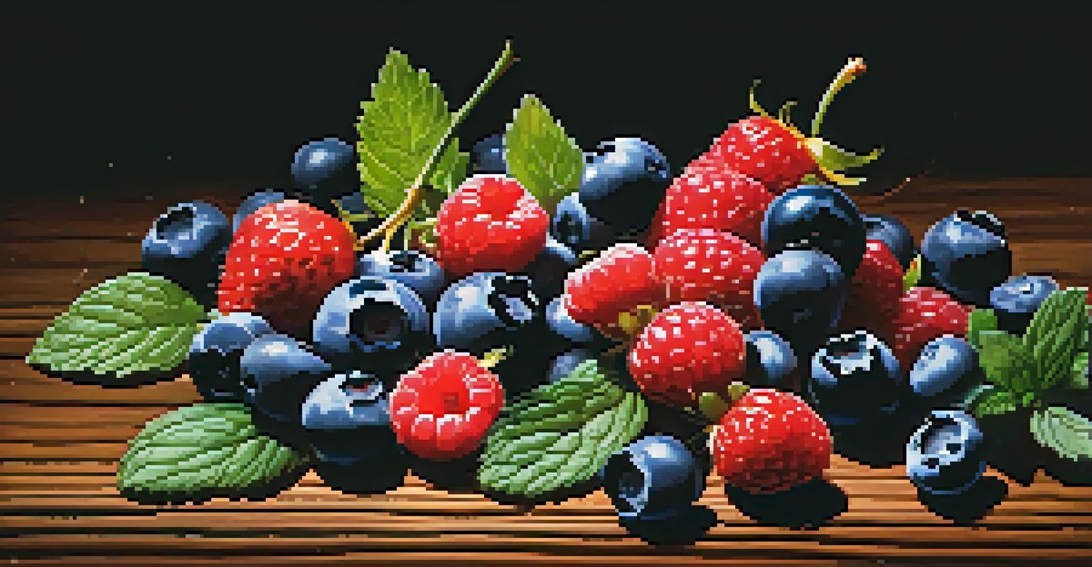 An artistic arrangement of fresh berries on a dark wooden surface, with droplets of water and mint leaves for contrast.