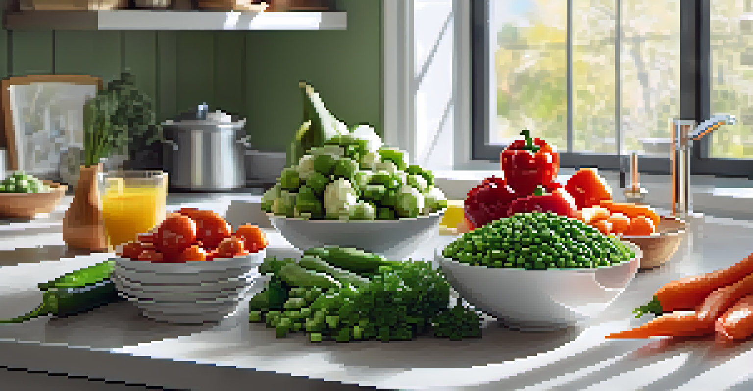 A bowl of assorted frozen vegetables like peas and carrots on a kitchen counter, with bright sunlight illuminating the scene.