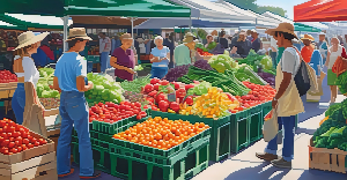 A bustling farmer's market filled with colorful seasonal fruits and vegetables, with shoppers selecting produce.
