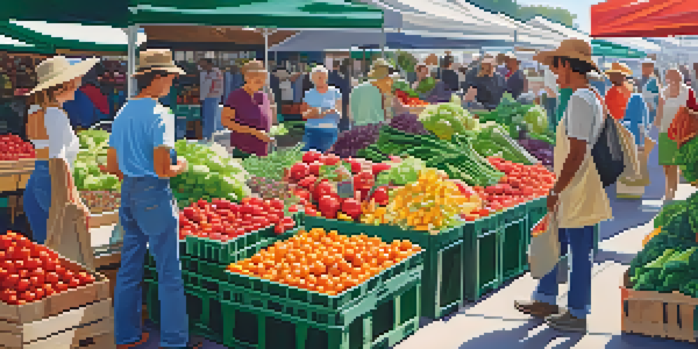A bustling farmer's market filled with colorful seasonal fruits and vegetables, with shoppers selecting produce.