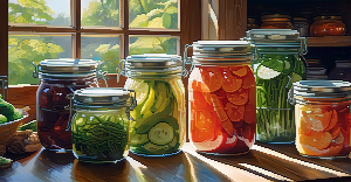 A rustic kitchen with a wooden table displaying jars of colorful homemade fermented foods, illuminated by sunlight.