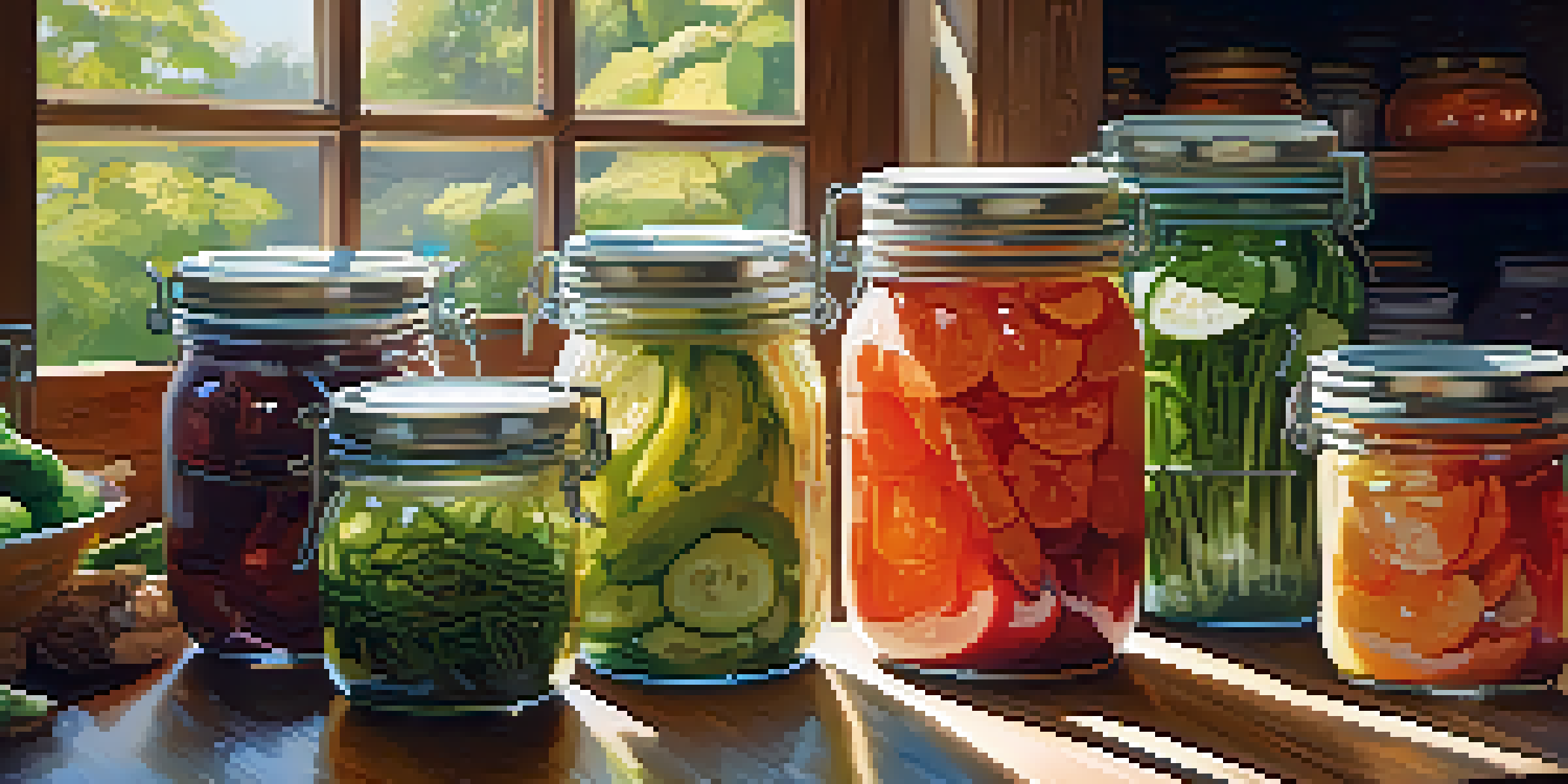 A rustic kitchen with a wooden table displaying jars of colorful homemade fermented foods, illuminated by sunlight.