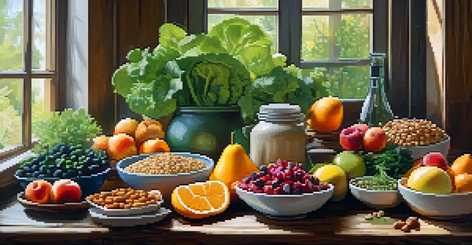 A colorful array of vegan foods including fruits, vegetables, whole grains, and legumes on a wooden table, illuminated by soft natural light.