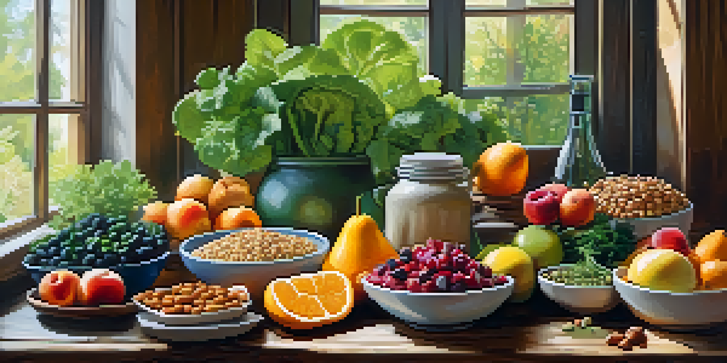 A colorful array of vegan foods including fruits, vegetables, whole grains, and legumes on a wooden table, illuminated by soft natural light.
