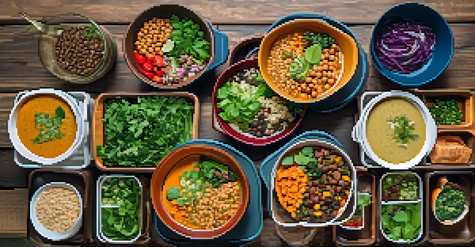 An overhead view of colorful vegan meal prep containers with various dishes, surrounded by fresh herbs and utensils.