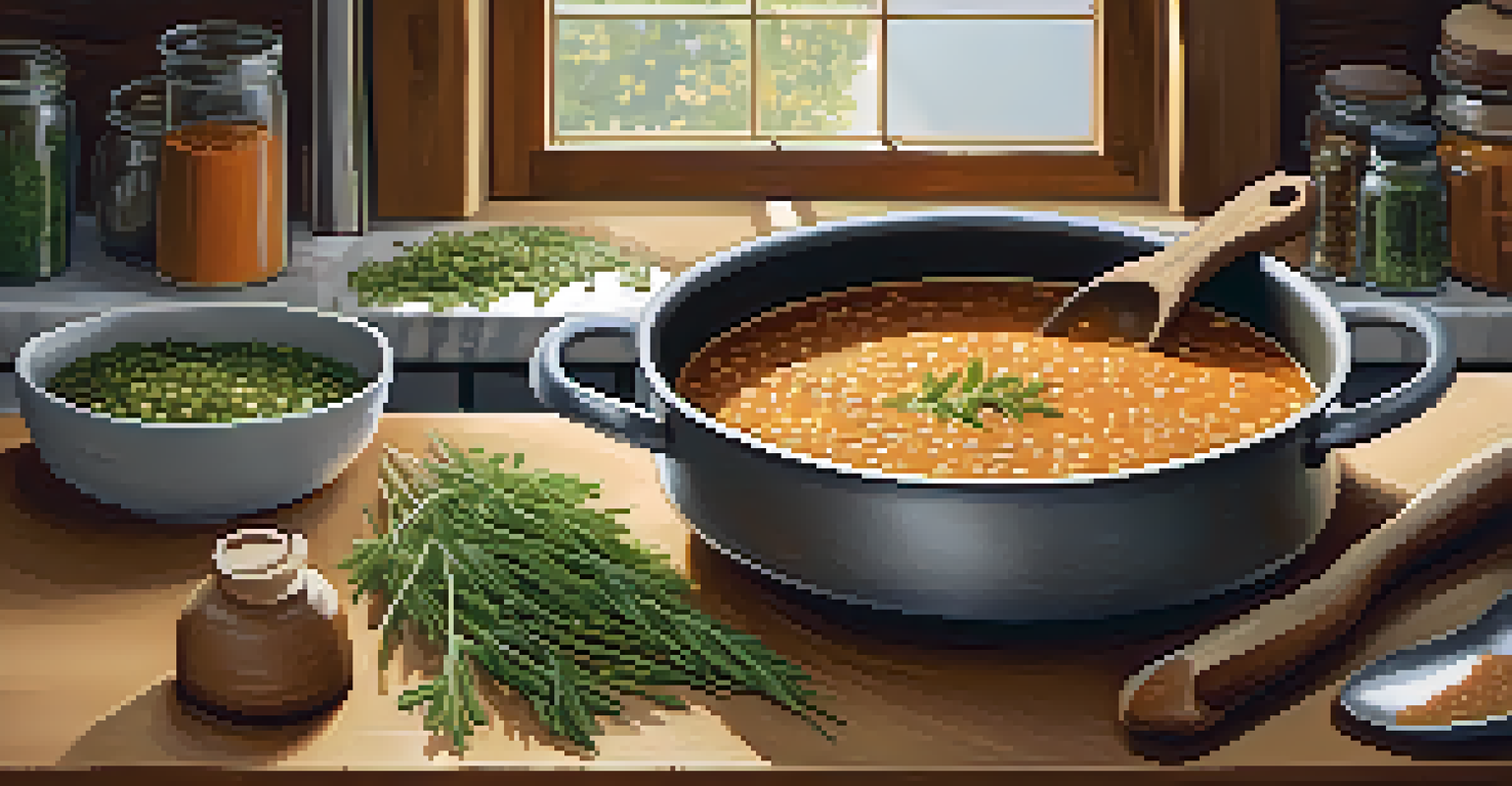 A pot of lentil soup on the stove with herbs around, in a warm and inviting kitchen.