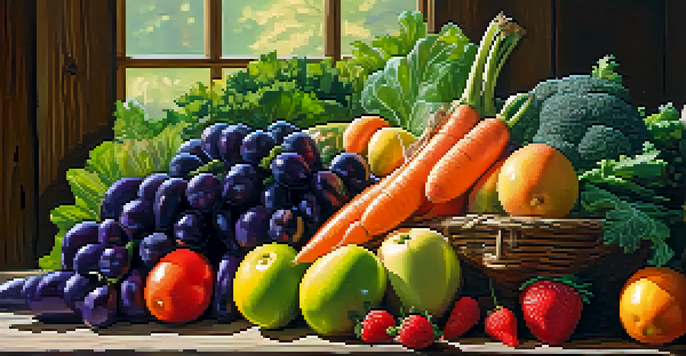 A colorful assortment of fresh fruits and vegetables on a wooden table, illuminated by sunlight.