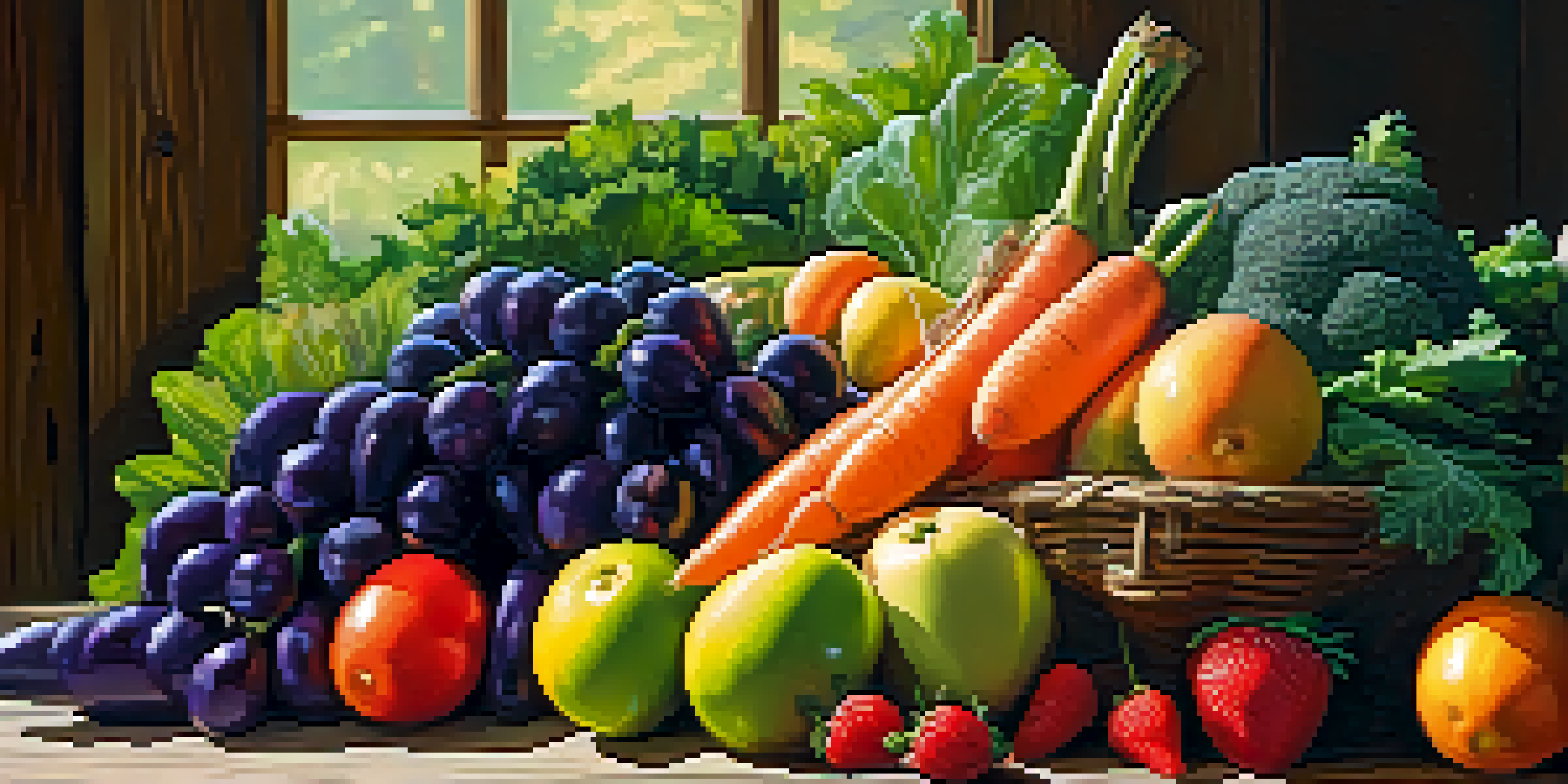 A colorful assortment of fresh fruits and vegetables on a wooden table, illuminated by sunlight.