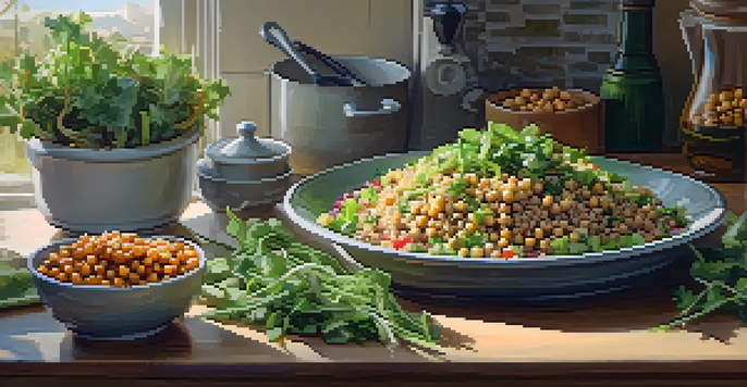 A colorful vegan quinoa salad with chickpeas, avocado, and mixed greens on a wooden table in a softly lit kitchen.