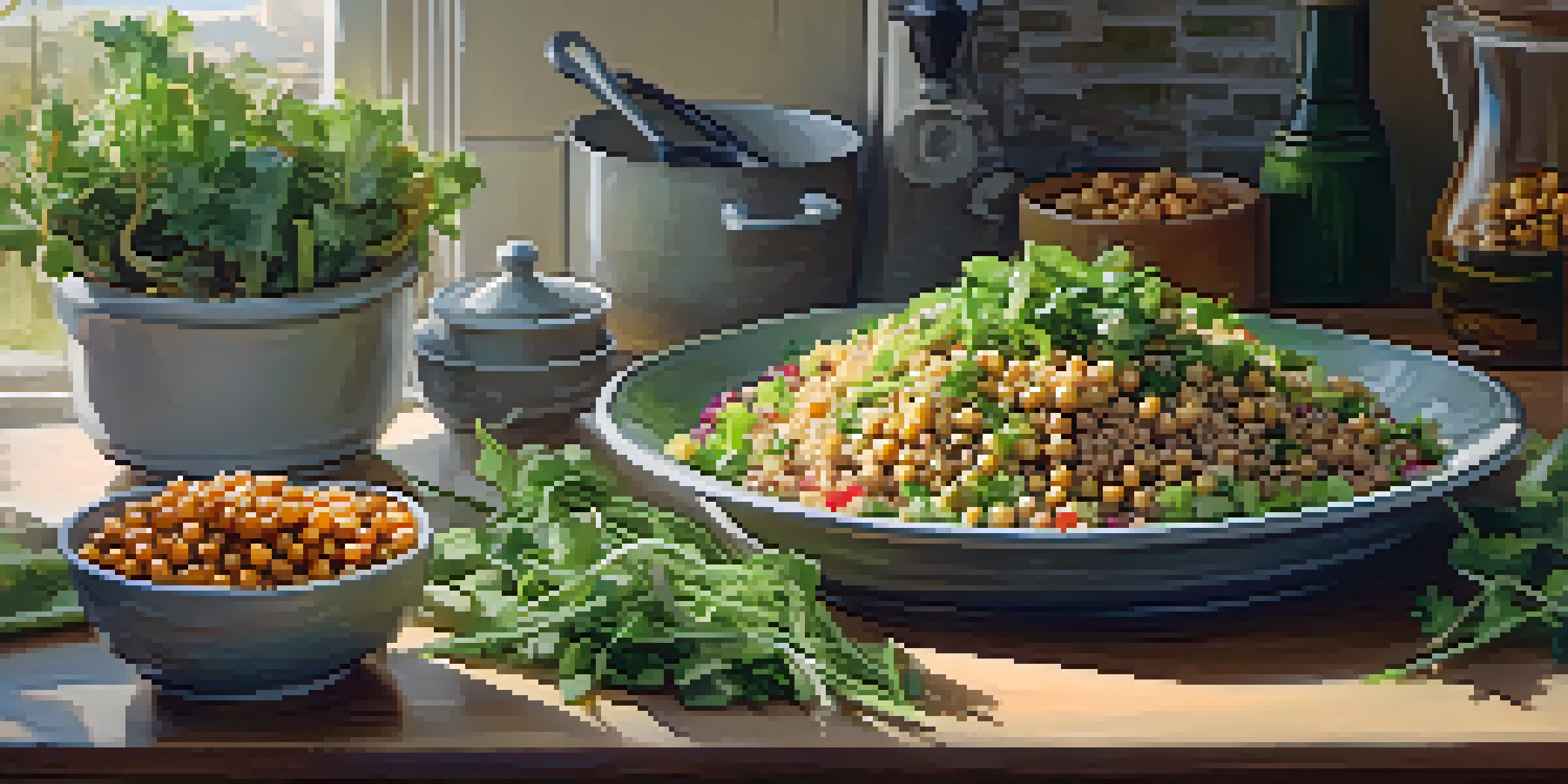 A colorful vegan quinoa salad with chickpeas, avocado, and mixed greens on a wooden table in a softly lit kitchen.