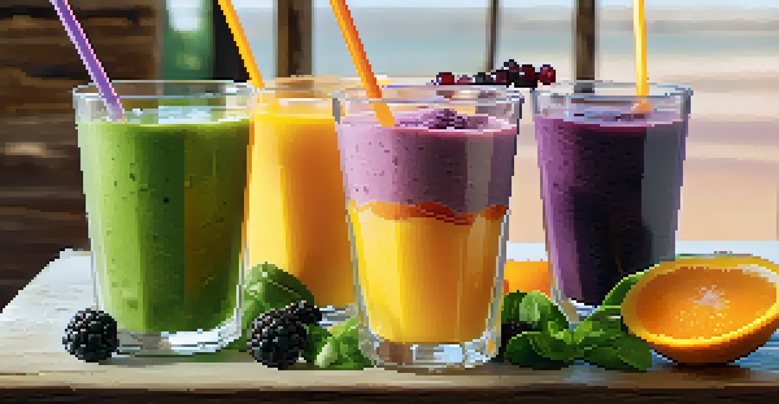 A close-up of a layered smoothie in a clear glass with bright colors and garnished with fruit slices, set on a rustic wooden table.