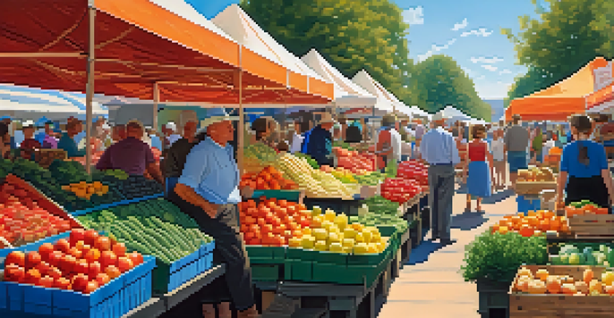 A lively farmer's market filled with colorful fresh produce and people enjoying the atmosphere.