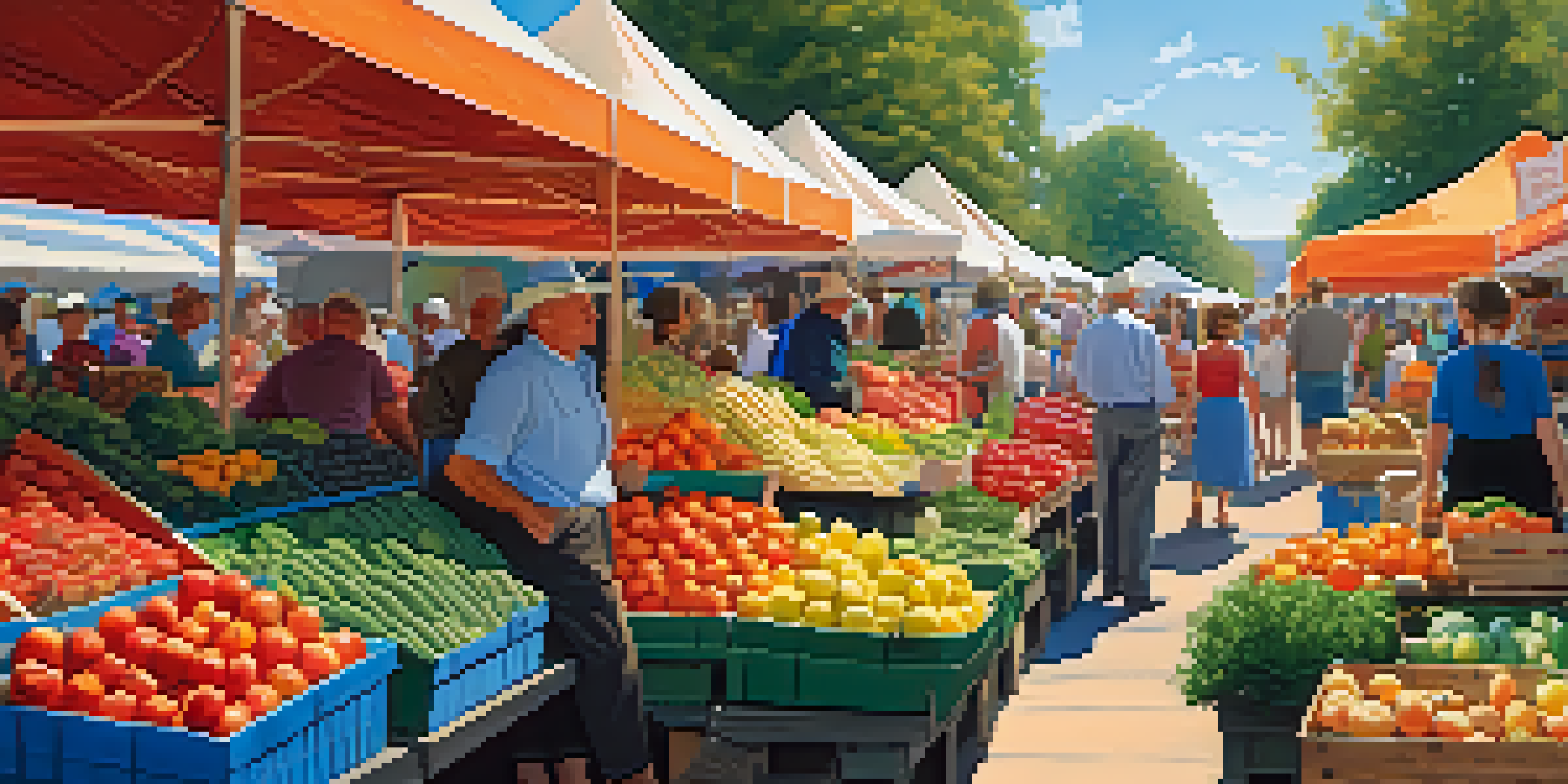 A lively farmer's market filled with colorful fresh produce and people enjoying the atmosphere.