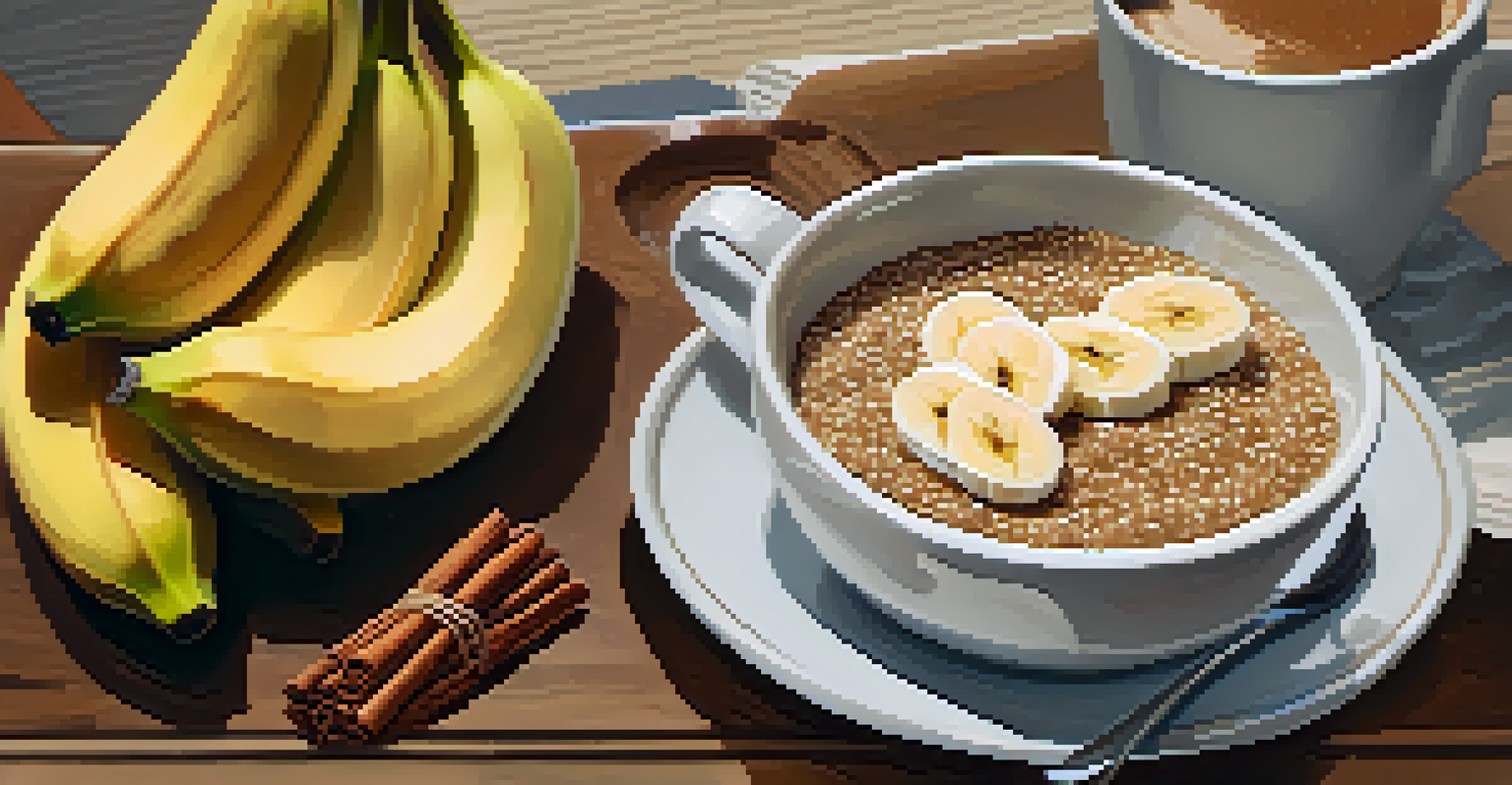 A quinoa breakfast bowl topped with bananas and almond butter on a wooden table, with a cup of coffee in the background and natural light illuminating the scene.
