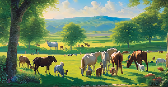 A peaceful green field with various animals grazing and people planting trees and flowers under a bright blue sky.
