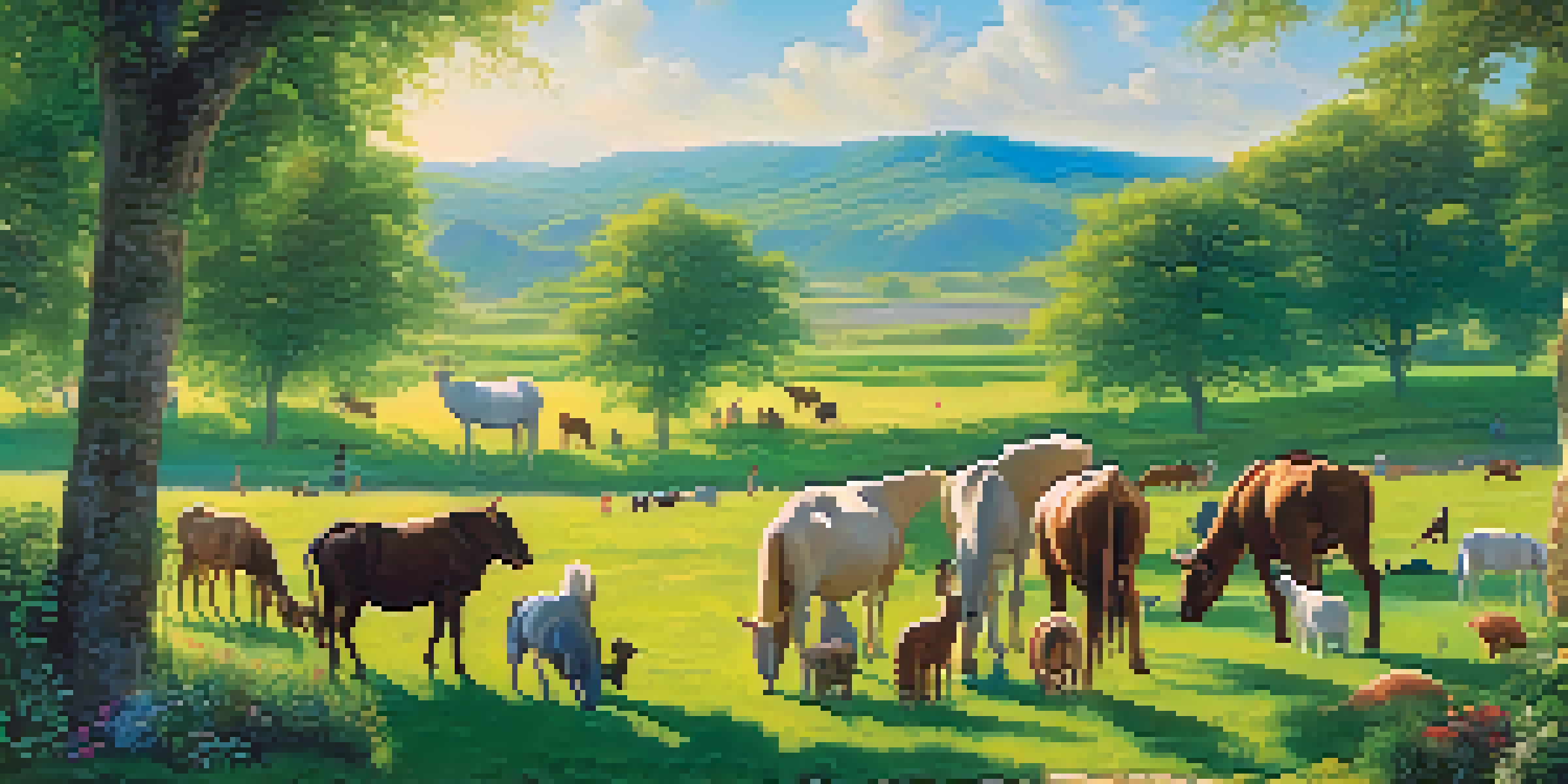 A peaceful green field with various animals grazing and people planting trees and flowers under a bright blue sky.