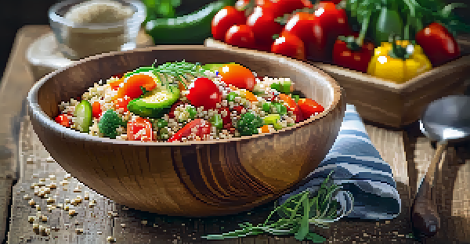 A colorful quinoa salad in a wooden bowl, with cherry tomatoes, cucumbers, and bell peppers, garnished with herbs and olive oil, surrounded by a softly blurred background.