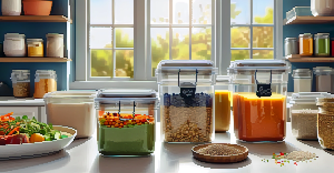 A vegan meal prep station with colorful containers filled with healthy meals, surrounded by fresh vegetables and spices, illuminated by natural light.