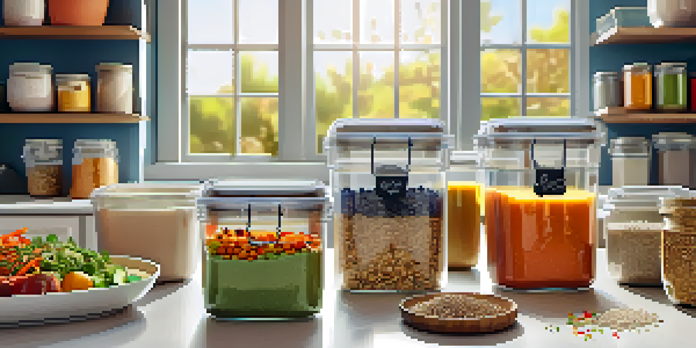 A vegan meal prep station with colorful containers filled with healthy meals, surrounded by fresh vegetables and spices, illuminated by natural light.