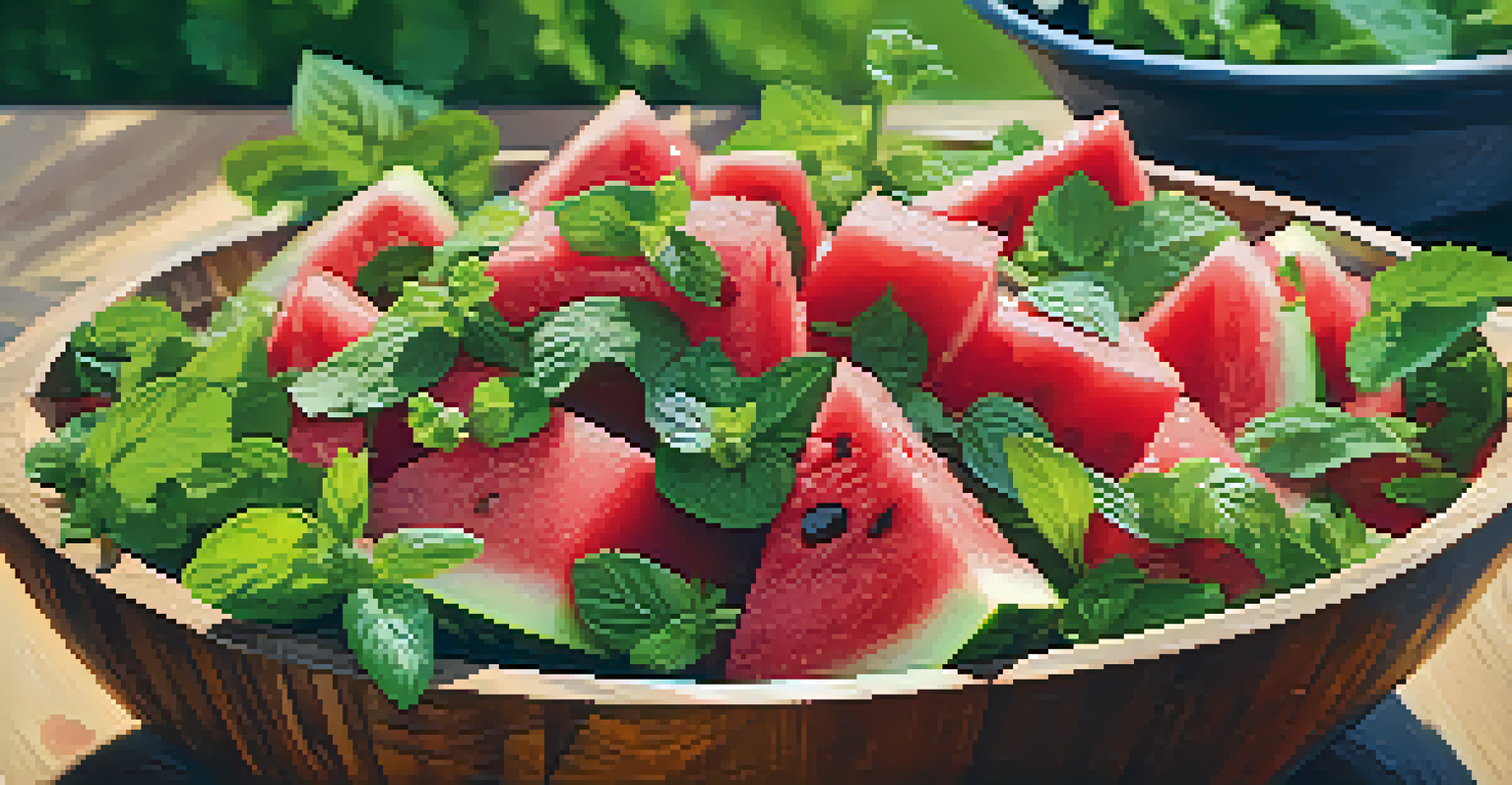 A wooden bowl filled with watermelon and mint salad, with greenery and people enjoying a picnic in the background.
