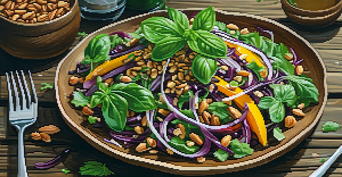 A colorful vegan salad with herbs, nuts, and balsamic vinegar on a wooden table, illuminated by natural light.