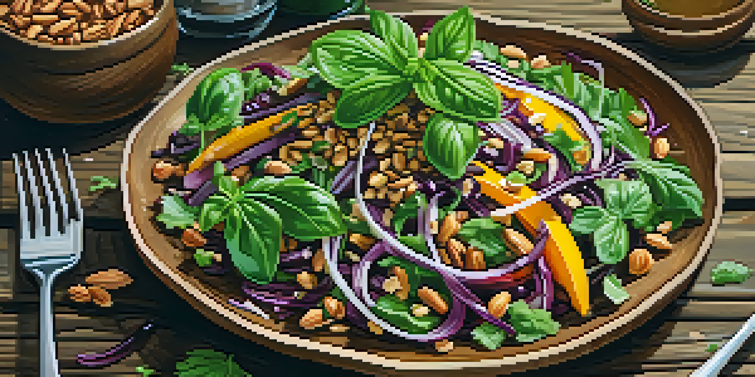 A colorful vegan salad with herbs, nuts, and balsamic vinegar on a wooden table, illuminated by natural light.