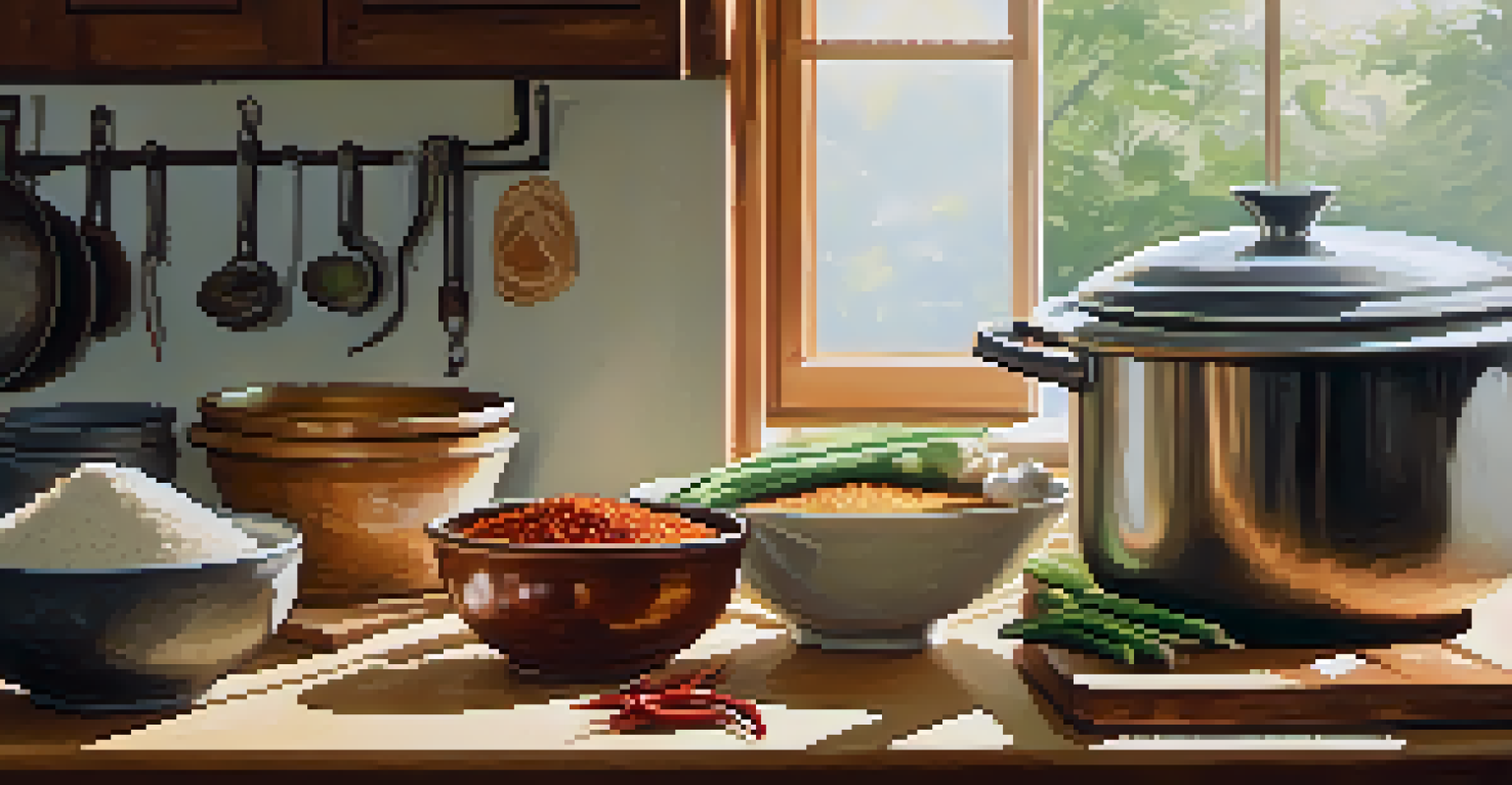 A cutting board with chopped ginger and spices, with a pot of vegetable curry simmering in the background, bathed in natural light.