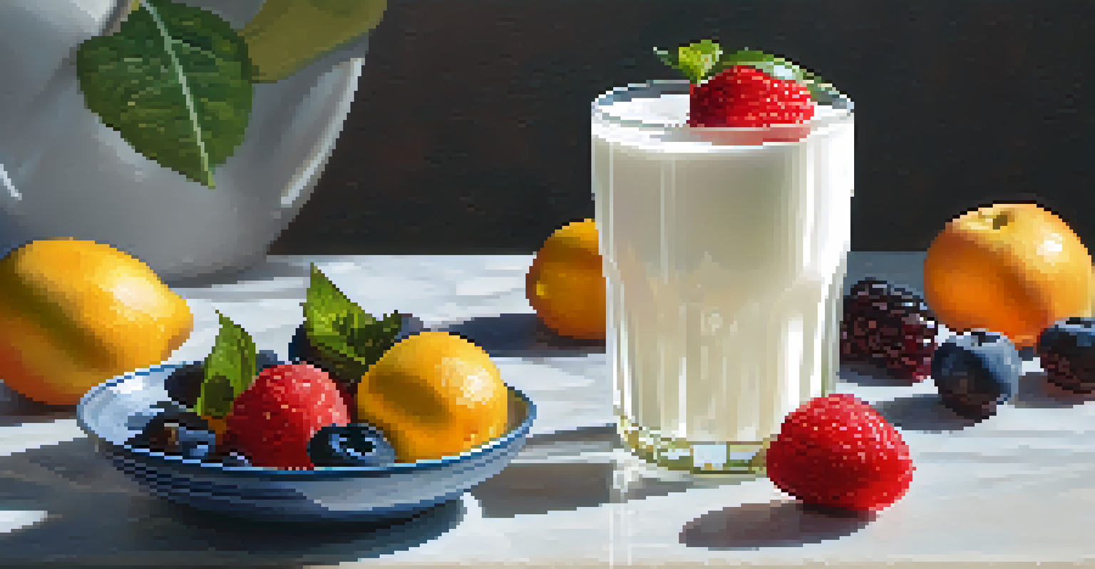 A glass of vegan kefir with a frothy top next to a bowl of fresh fruit on a marble countertop.