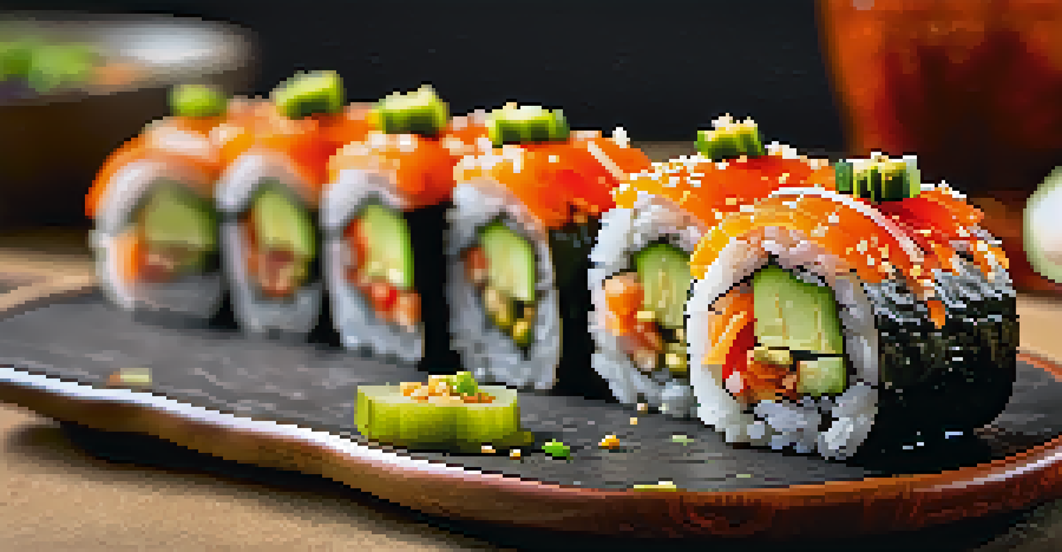 A vegan sushi roll with avocado, cucumber, and kimchi on a black slate plate, garnished with sesame seeds.