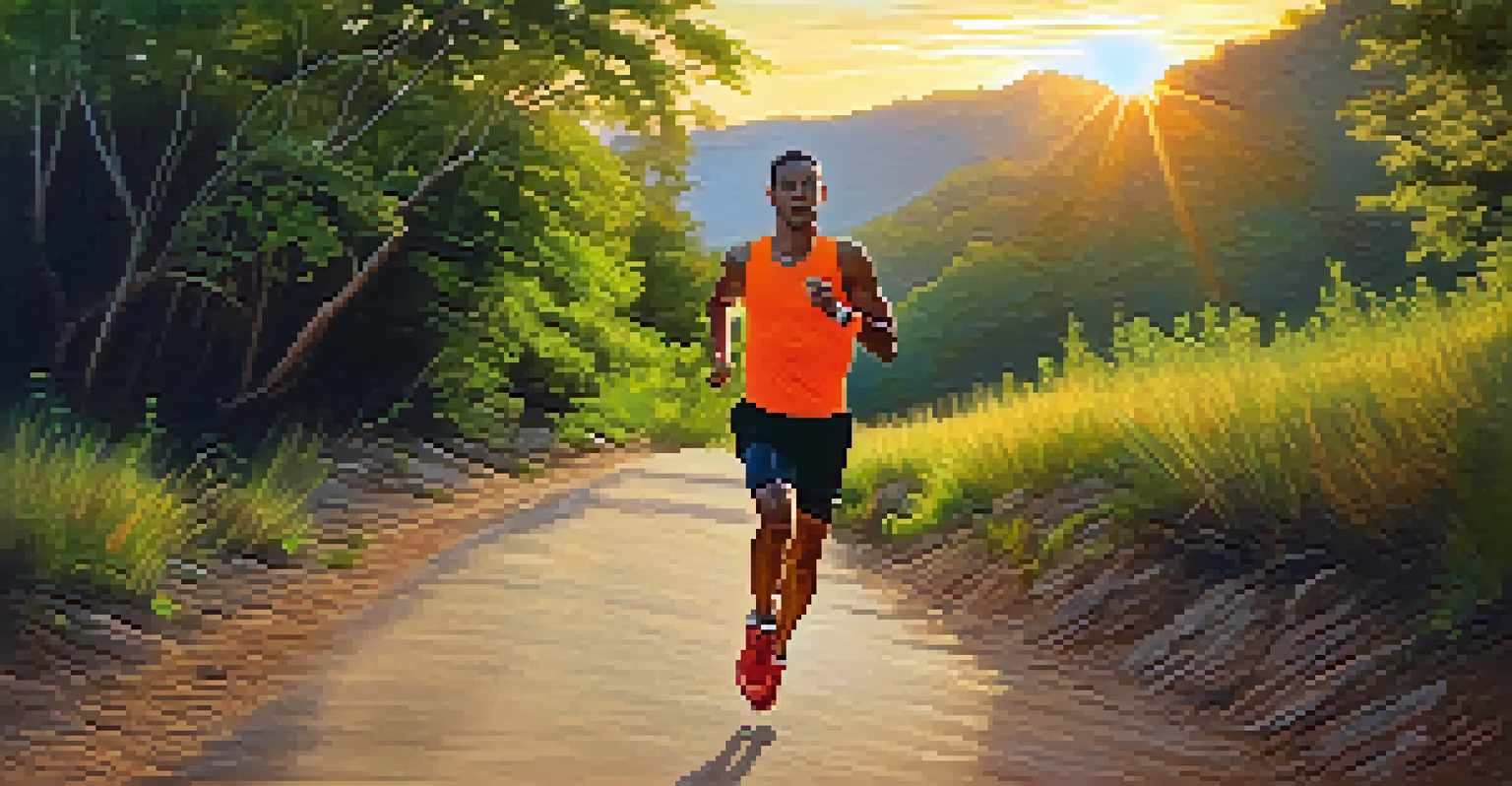 A determined athlete running on a trail surrounded by greenery during sunset.