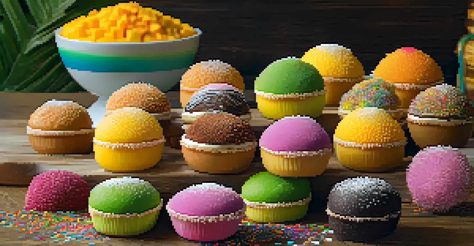 An assortment of vibrant South American vegan desserts including brigadeiros and alfajores on a wooden table.