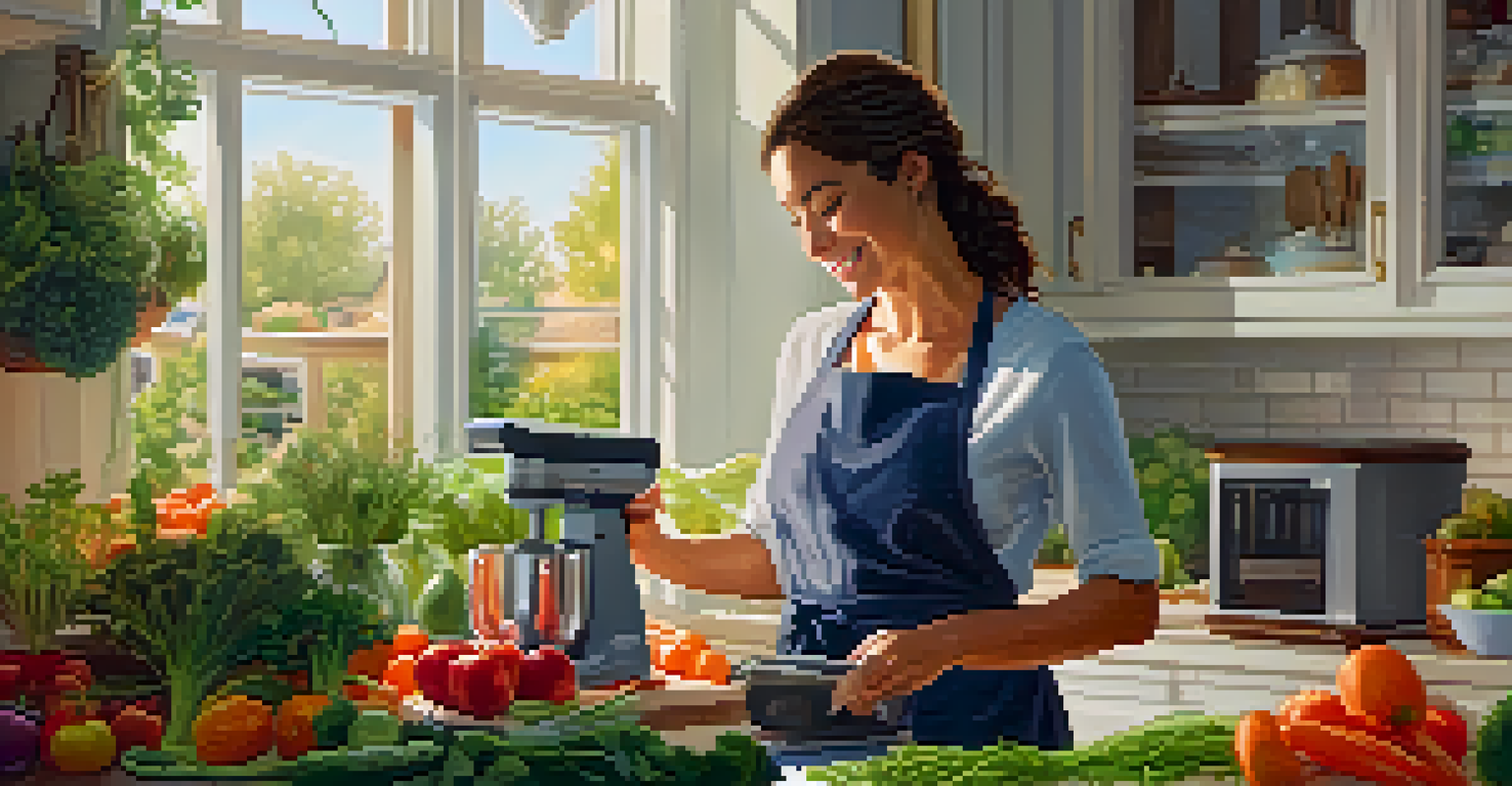 A person chopping vegetables in a cozy kitchen, with a food processor and fresh produce around them.