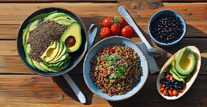 A colorful arrangement of various vegan dishes on a wooden table, showcasing quinoa, black beans, and fresh vegetables under soft sunlight.