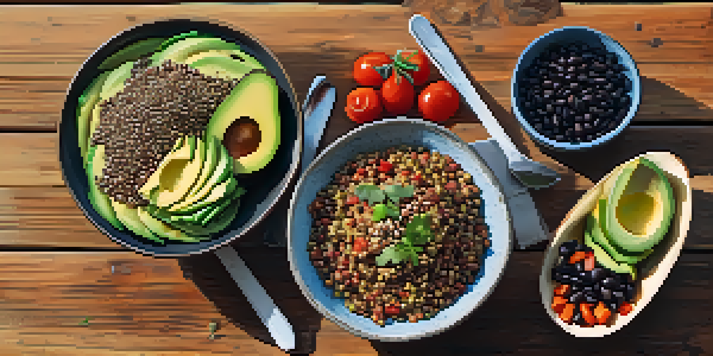 A colorful arrangement of various vegan dishes on a wooden table, showcasing quinoa, black beans, and fresh vegetables under soft sunlight.