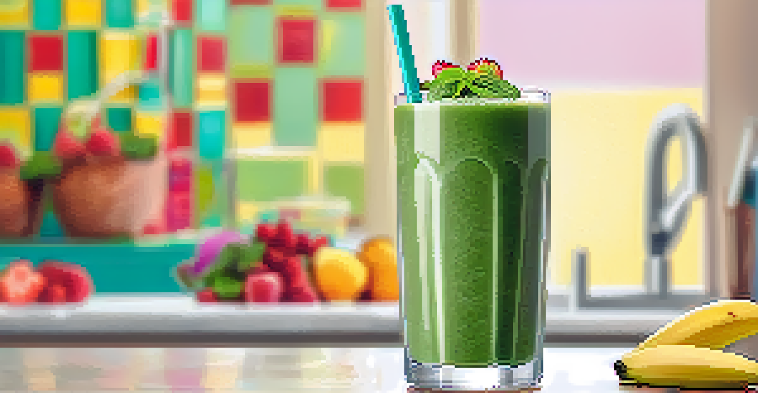 A healthy green smoothie made with spinach and fruits, served in a glass with a colorful straw.