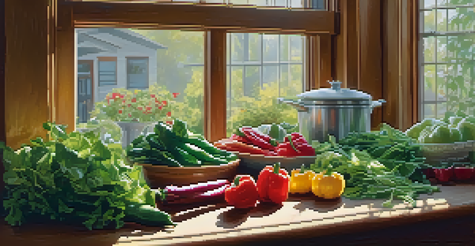 A kitchen with a cutting board filled with fresh local produce, illuminated by soft sunlight.