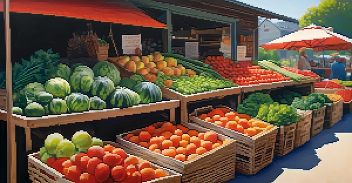 A lively farmer's market with an array of colorful fruits and vegetables displayed in baskets under soft sunlight.