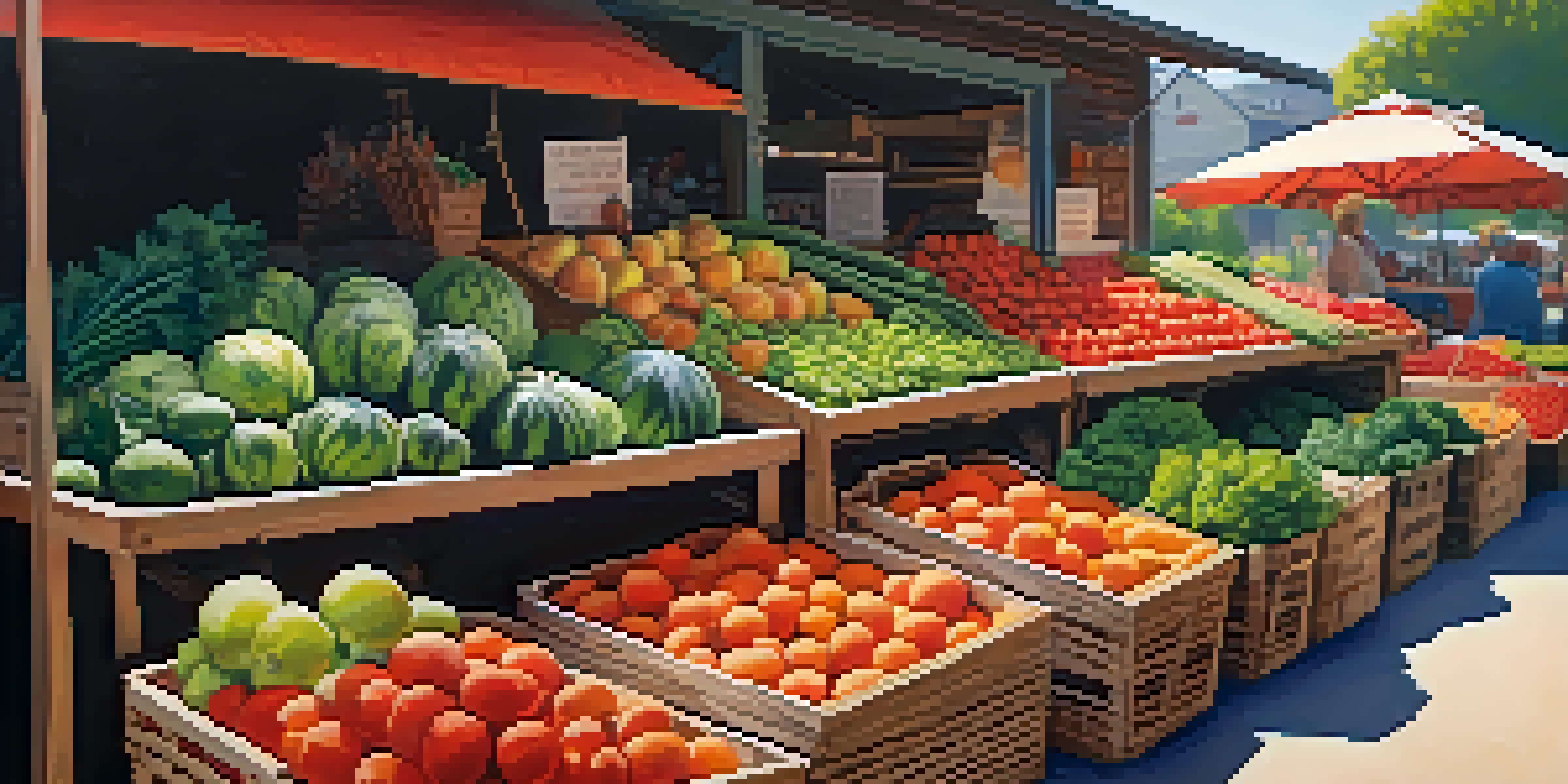 A lively farmer's market with an array of colorful fruits and vegetables displayed in baskets under soft sunlight.