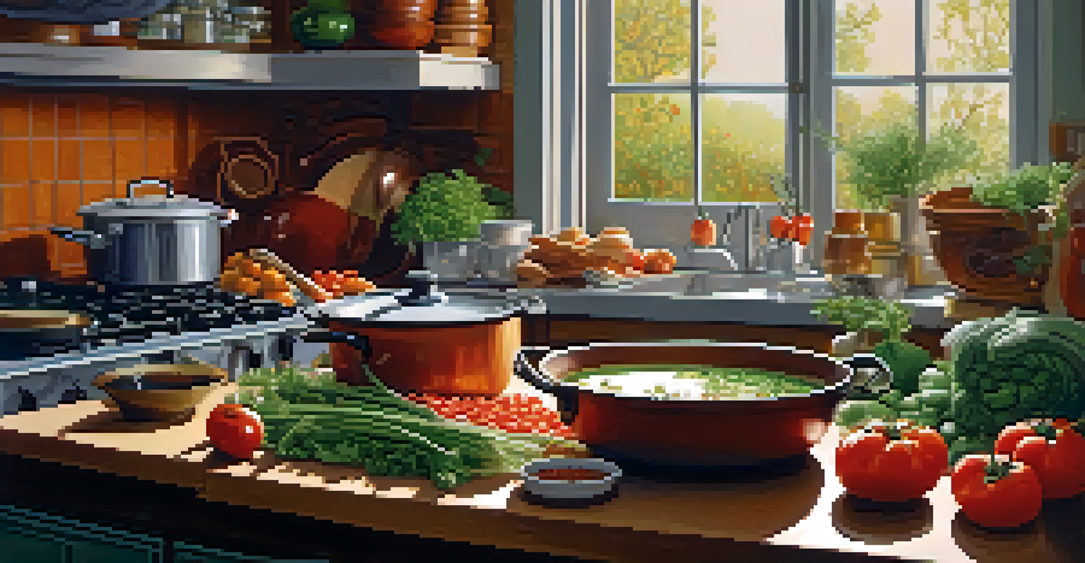 A cozy kitchen scene with a person cooking vegetable soup in a large pot, surrounded by neatly arranged ingredients on the counter and warm lighting.