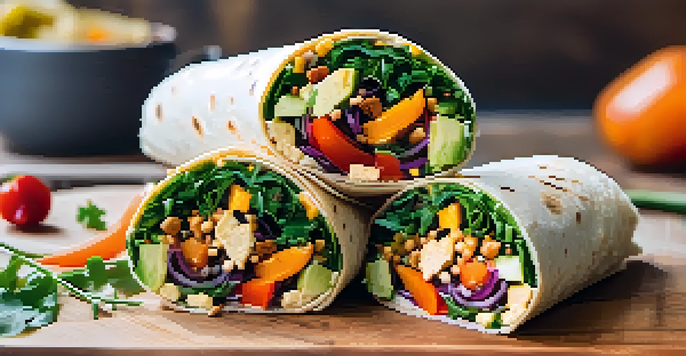 A colorful vegan wrap filled with roasted vegetables and greens alongside carrot sticks and a piece of fruit on a wooden table.